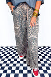 Plus Size Women's Casual Chic Khaki Leopard Print Drawstring Pants with Raw Edge and Functional Patch Pockets
