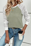 Women's Green Striped Knit Top with Lace Patchwork, Long Sleeve, Textured Design for Stylish, Comfortable Wear