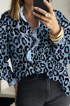 Trendy Women's Blue Leopard Print Shirt with Contrast Stripes and Frilled Trim for a Chic Look