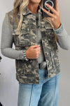 Women's Casual Green Camouflage Denim Vest with Button Closure and Functional Cargo Pockets for a Trendy Look