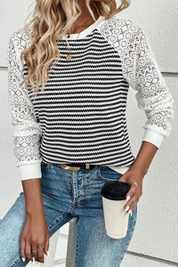 Black Stripe Textured Knit Contrast Hollowed Lace Patchwork Long Sleeve Top