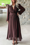 Chic Dark Brown Long Sleeve V-Neck Pleated High Waist Maxi Dress for Women – Ideal for Formal and Casual Events