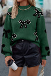 Women‚Äôs Cozy Blackish Green Sweater with Pearl Details and Bow Design Chic Loose Fit for Effortless Style