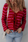Stylish Women's Red Striped V-Neck Knit Cardigan Sweater with Tie Front for Effortless Comfort and Trendy Looks