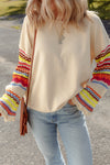 Beige Women's Casual Chic Round Neck Knit Top with Colorful Patchwork and Stylish Sleeves for Effortless Style