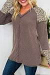 Trendy Women's Color Block Leopard Patchwork Long Sleeve Top - Twisted Ribbed Design for Casual Chic Outfits