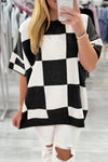 Cozy Chic Black Checkered Sweater for Women - Loose-Fit, Half Sleeve, Drop Shoulder, Perfect for Casual Outings
