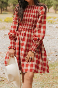 
Trendy Women's Red Plaid Long Sleeve Mini Dress with Smocked Waist and Flared Skirt for Effortless Casual Style