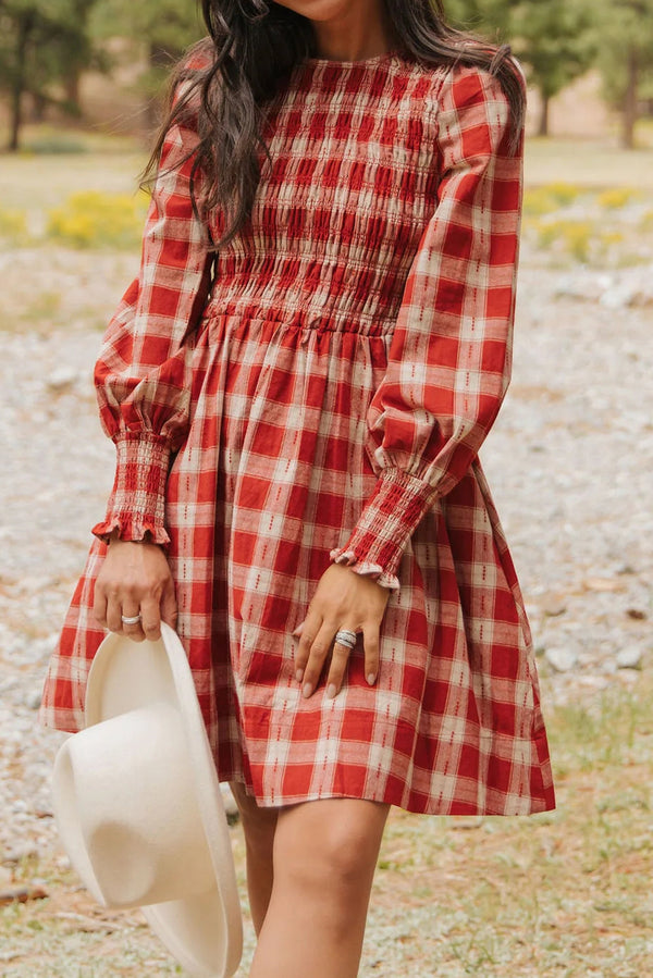 Trendy Women's Red Plaid Long Sleeve Mini Dress with Smocked Waist and Flared Skirt for Effortless Casual Style