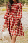 Trendy Women's Red Plaid Long Sleeve Mini Dress with Smocked Waist and Flared Skirt for Effortless Casual Style