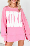 Trendy Women's Pink Bow Sequin XOXO Graphic Sweatshirt - Chic Baggy Fit with Exposed Seams for Casual Style