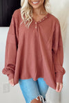 Cozy Mineral Red Women's Long Sleeve Waffle Top with Buttoned Neckline – Perfect for Casual Everyday Style