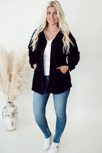 Black Solid Color Exposed Seam Patchwork Button Down Fleece Shacket