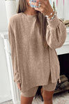 Chic Women's Dark Khaki Ribbed Balloon Sleeve Pullover & Biker Knit Short Set for Trendy Casual Looks