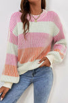 Cozy Women's Pink Colorblock Bubble Sleeve Sweater - Textured Knit for Stylish Fall and Winter Fashion