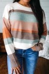 Cozy Women's White Striped Color Block Knit Sweater with Drop Shoulder for Effortless Chic Style