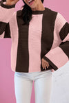 Women's Fuchsia Color Block Knit Sweater - Cozy Thermal Drop Shoulder with Stripes for a Stylish, Relaxed Fit