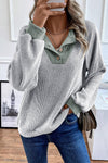 Women's Casual Light Grey Ribbed Long Sleeve Top with Color Contrast - Relaxed Fit for Effortless Everyday Style