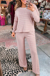 Chic Light Pink Knit Lounge Set for Women - Cozy Long Sleeve Top & Pocketed Drawstring Pants with Stylish Rhombus Design