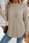 Women's Long Sleeve Ribbed Knit Top in Jet Stream - Stylish Round Neck with Rounded Hem for Effortless Casual Chic