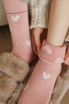 Cozy Women's Pink Heart Print Crew Socks with Ribbed Cuffs - Stylish Everyday Essentials for Comfort and Fun