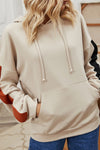 Stylish Women's Parchment Contrast Patchwork Hoodie with Knot Detail & Drawstring, Perfect for Everyday Comfort