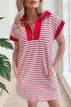 Stylish Women's Red Stripe Quarter Zip Polo Dress with Pockets - Casual Chic Fit for Everyday Comfort