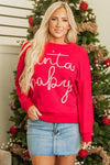 Cozy Fiery Red Santa Baby Graphic Sweatshirt for Women - Festive Holiday Style with Tinsel Detail