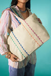 Stylish Women's White Canvas Tote Bag with Colorful Ricrac Trim - Spacious, Versatile Everyday Accessory for Any Outfit