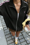Chic Women's Black Zip-Up Sweatshirt Jacket with Bow Embroidery for Cozy, Stylish Comfort and Effortless Layering