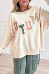 Trendy Beige Autumn Graphic Pullover Sweatshirt for Women - Casual Fit with Unique Patch Detail and Stylish Letter Print