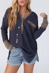 Cozy Women's Dark Blue Thermal Top with Contrast Trim & Half Button Detail - Perfect Stylish Fit for Year-Round Wear