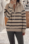 Women's Comfy Khaki Striped Zip Collar Sweatshirt - Casual Pullover for Everyday Style and Relaxed Comfort