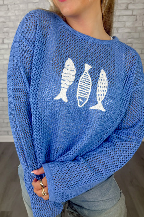 Trendy Women's Sky Blue Open Knit Sweater with Fish Embroidery – Comfortable Casual Style for Everyday Fashion