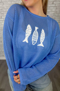 Trendy Women's Sky Blue Open Knit Sweater with Fish Embroidery – Comfortable Casual Style for Everyday Fashion