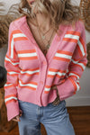 Chic Women's Pink Stripe Drop Shoulder Cardigan Sweater with Buttons - Cozy Knitwear for Effortless Style