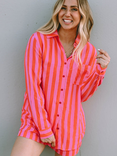 Orange Stripe Print Shirt and Shorts Lounge Set