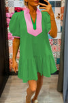 Vibrant Green Color Block Mini Dress for Women - Split Neck, Short Puff Sleeves & Flirty Ruffle Hem Detail