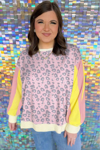 Yellow Color Block Long Sleeve Leopard Ribbed Plus Size Loose Top