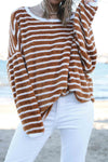 Women's Oversized Cozy Brown Stripe Plush Sweatshirt - Drop Shoulder, Round Neck for Ultimate Comfort and Style