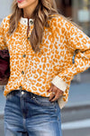 Cozy Women's Orange Leopard Print Chunky Knit Cardigan Sweater with Drop Shoulders for Stylish Fall Layering