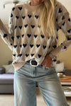 Cozy Women's Loose-Fit Parchment Sweater with Geometric Heart Print and Ribbed Trim for Effortless Casual Style
