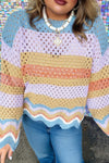 Plus Size Women's Multicolor Striped Knit Sweater with Hollow Out Detail and Trendy Drop Shoulder Fit