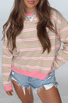 Women's Cozy Khaki Stripe Pullover Sweatshirt with Contrast Trim – Relaxed Fit for Effortless Casual Style