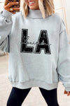 Cozy Women's Light Grey Reversible Mock Neck Sweatshirt with LA Print - Stylish & Versatile for Everyday Fashion