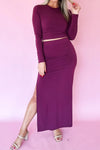 Burgundy Women's Cropped Long Sleeve Bodycon Top with High Waist Maxi Skirt Set - Chic & Stylish Outfit