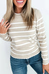 Women's Stylish Khaki Striped Ribbed Knit Sweater with Contrast Trim - Versatile Round Neck Pullover for All Seasons