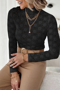 
Chic Women's Black Floral Lace High Neck Blouse - Long Sleeve, Elegant Fit for Every Occasion