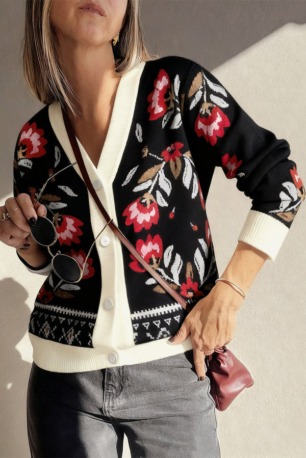 Chic Women's Black Floral Knit Cardigan with Button Front & V-Neck - Perfectly Stylish & Comfortable for Every Occasion