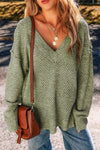 Women's Cozy Jungle Green Loose Eyelet V-Neck Sweater - Stylish Drop Shoulder Knitwear for Effortless Casual Chic